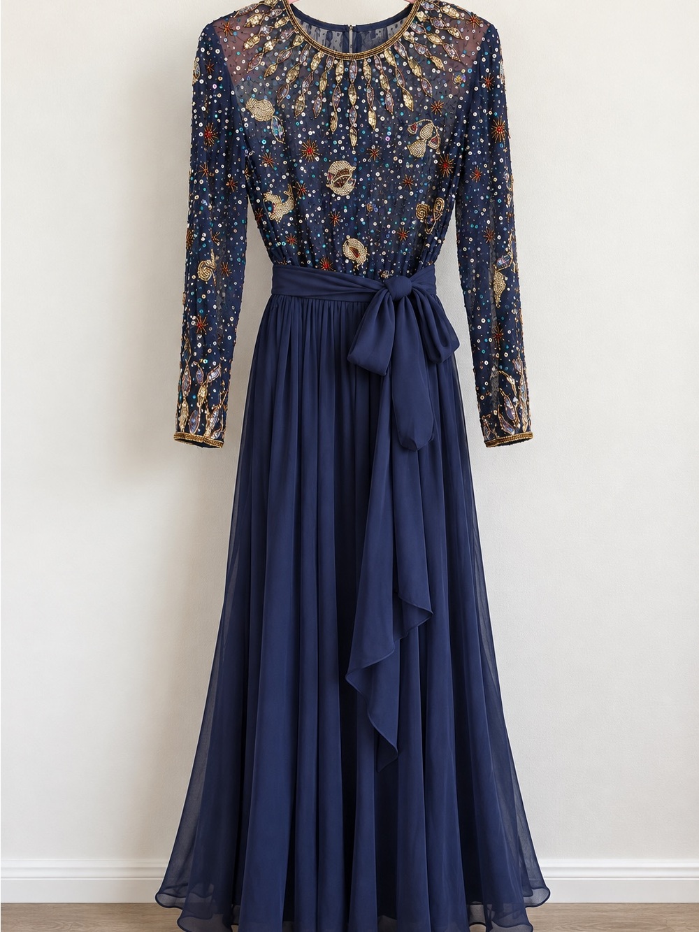 Vintage Jack Bryan Navy Beaded Sequin Chiffon Evening Dress Gown Size 8